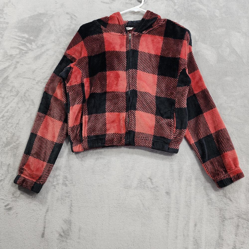 Hippie Rose Hoodie Juniors S Red Black Plaid Faux Fur Fleece Cropped Full Zip